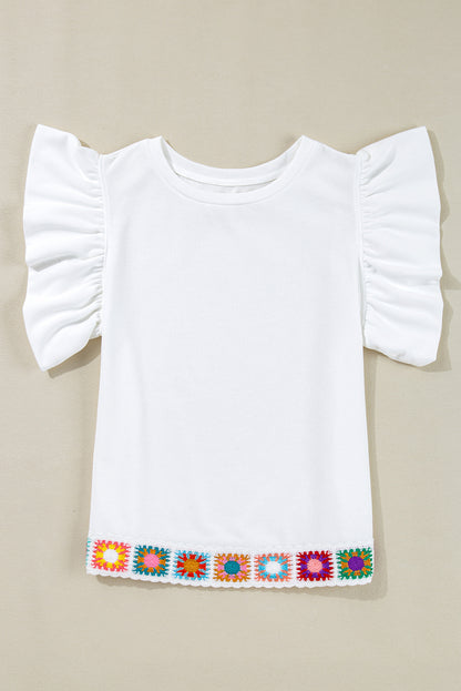 White Floral Crochet Patched Ruffled Sleeve Crewneck Blouse