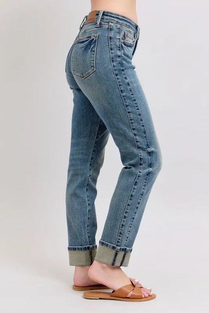Judy Blue Full Size Mid Rise Vintage Wash Double Roll Cuff Boyfriend Jeans Plus Size Carauana Store