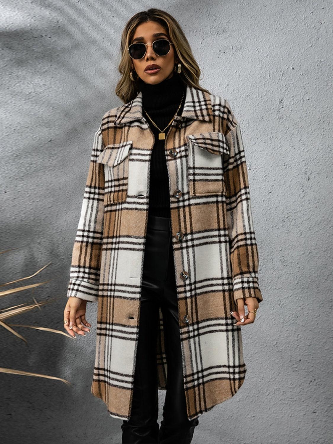 Plaid Collared Neck Long Sleeve Coat Carauana Store