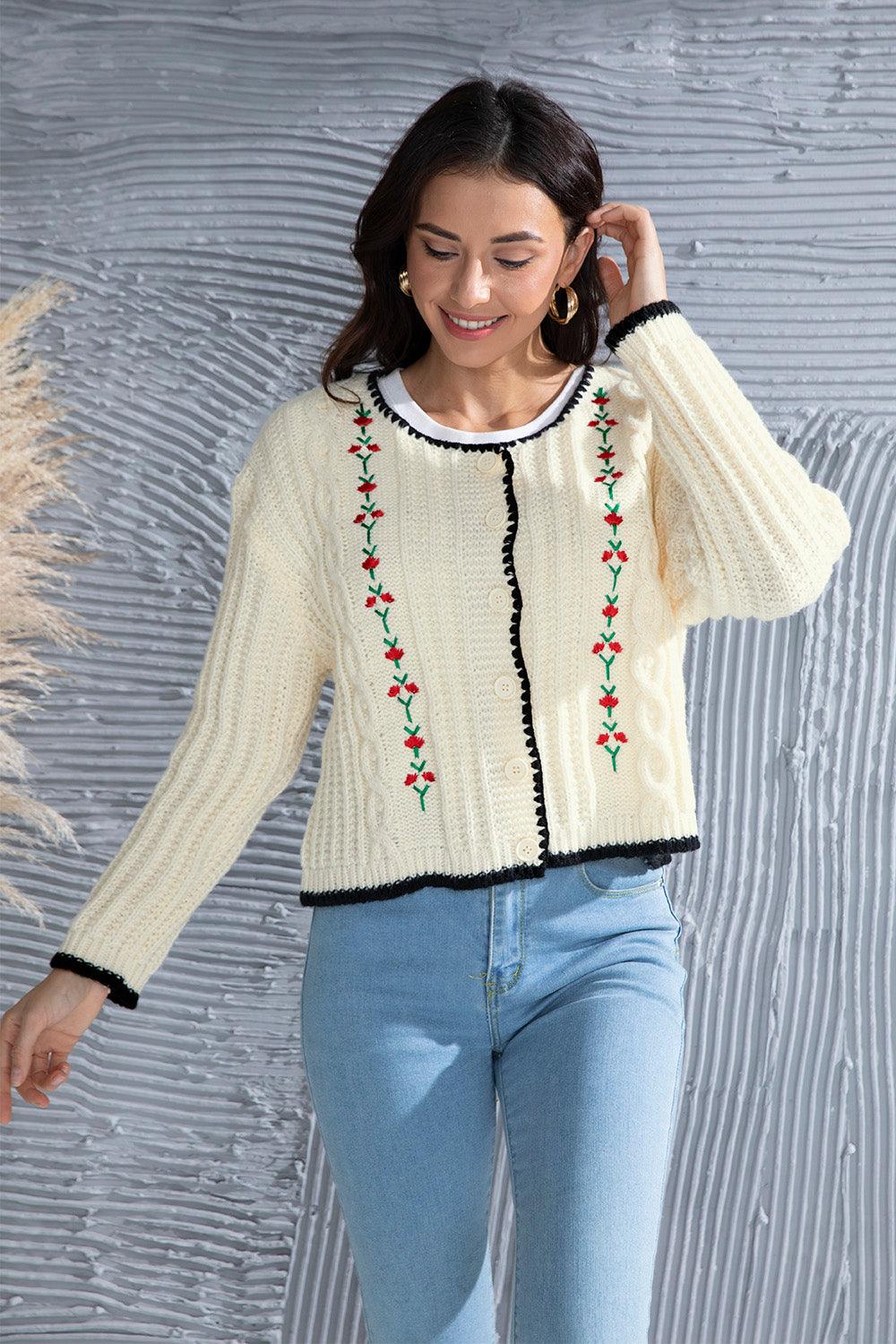 Graphic Cable-Knit Button Up Cardigan