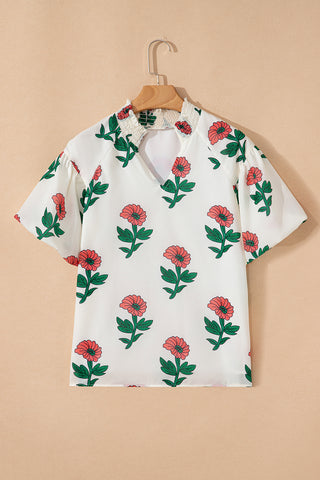 Beige Floral Print Shirred Split Neck Short Sleeve Blouse