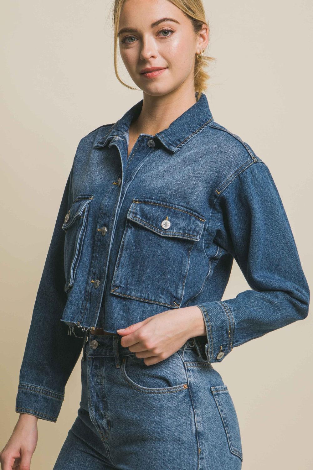 LOVE TREE Raw Hem Button Up Cropped Denim Jacket