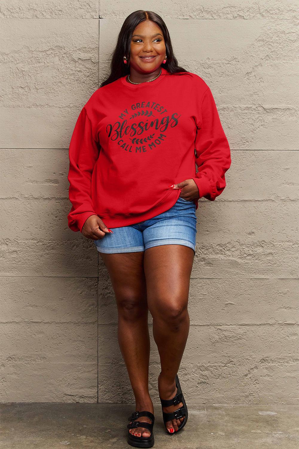 Simply Love Full Size MY GREATEST BLESSINGS CALL ME MOM Round Neck Sweatshirt