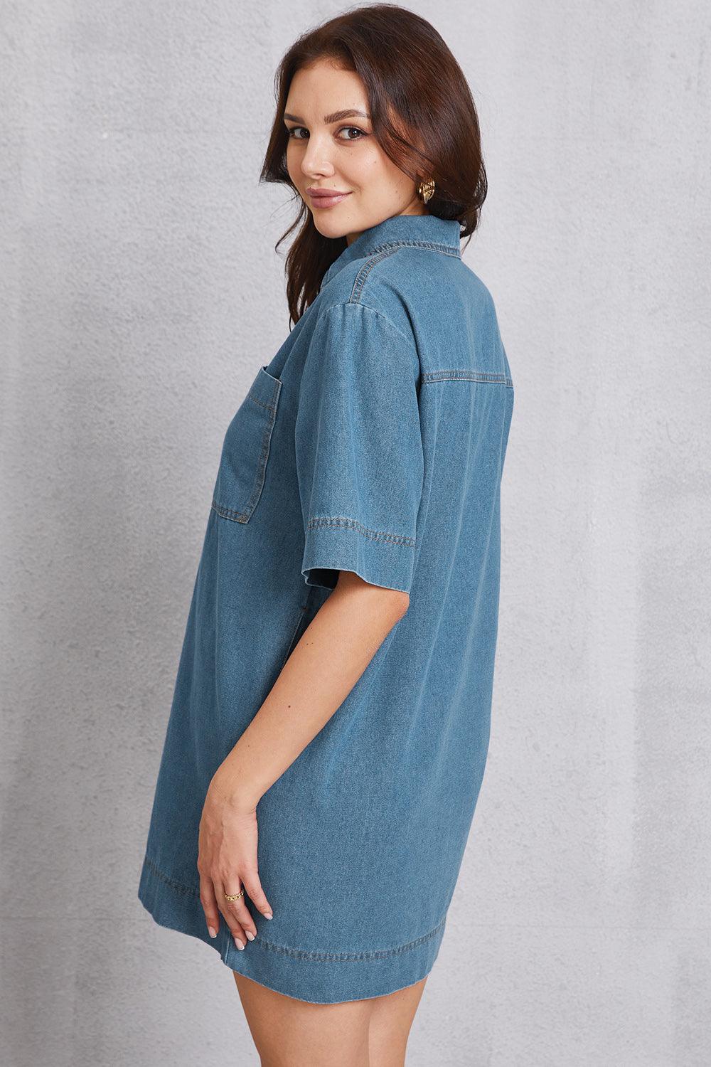 Pocketed Collared Neck Mini Denim Dress