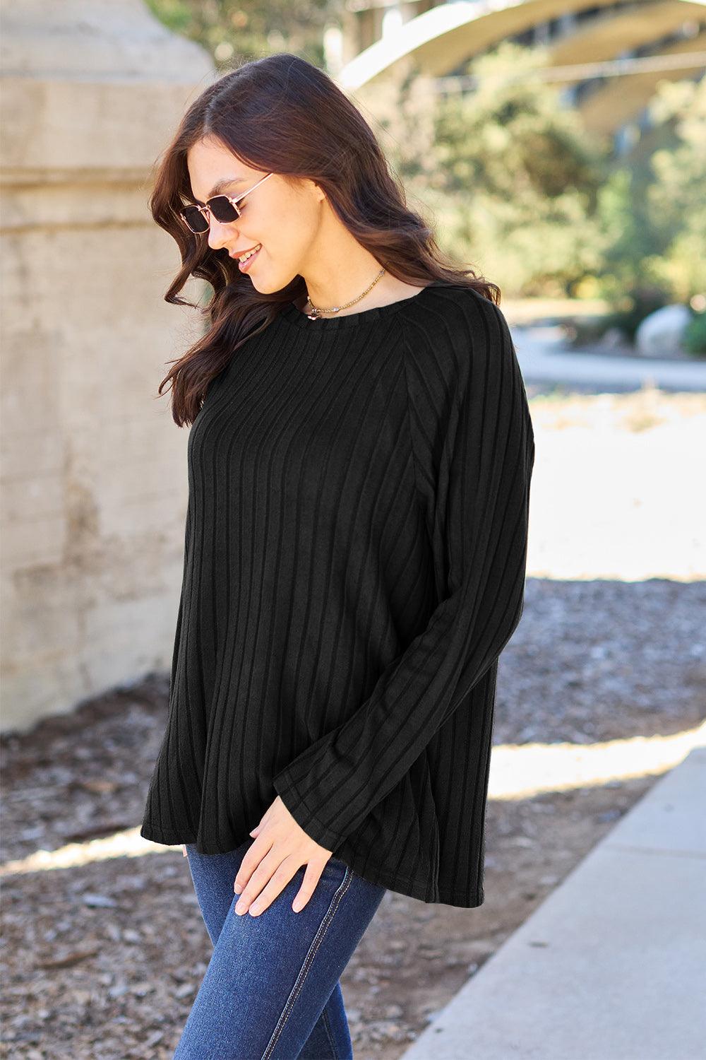 Basic Bae Full Size Ribbed Round Neck Long Sleeve Knit Top