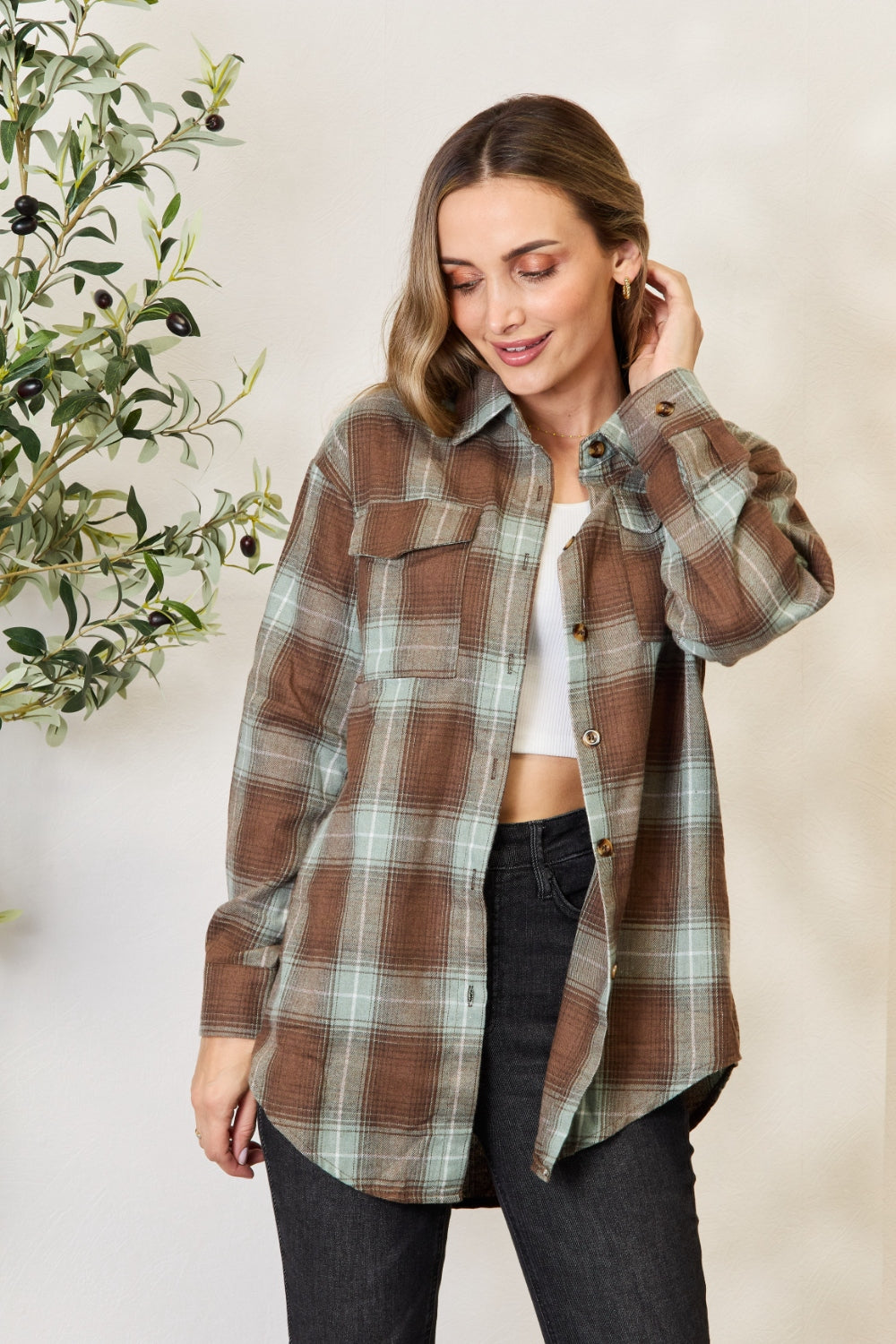 Double Take Plaid Dropped Shoulder Shirt 