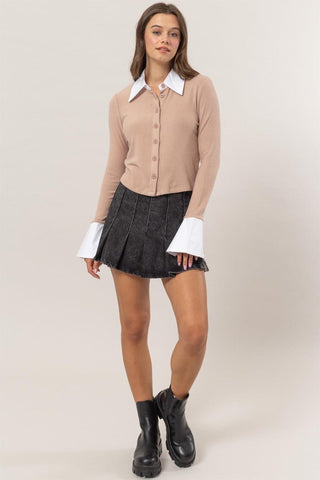 HYFVE Collared Contrast Button Down Crop Knit Cardigan