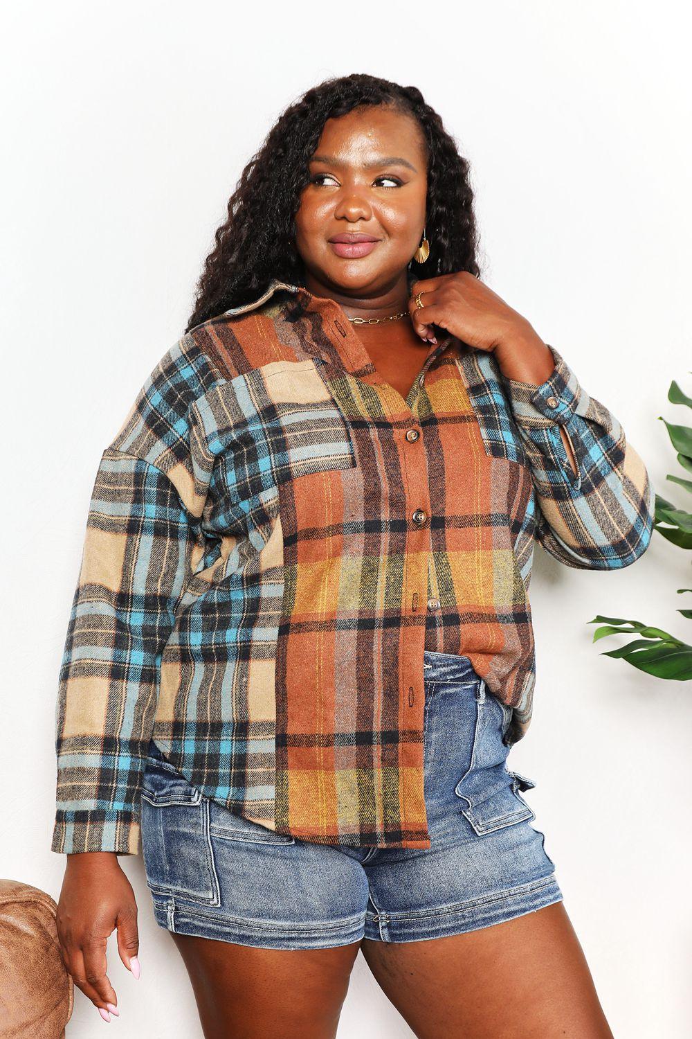 Double Take Plaid Curved Hem Shirt Jacket with Breast Pockets Carauana Store