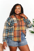 Double Take Plaid Curved Hem Shirt Jacket with Breast Pockets Carauana Store