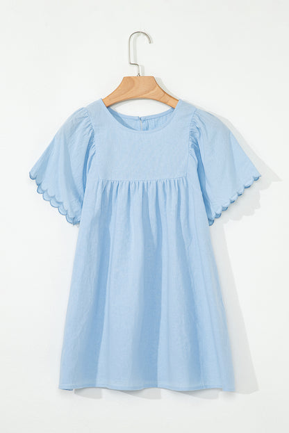 Beau Blue Solid Color Embroidered Scalloped Sleeves Crew Neck Blouse