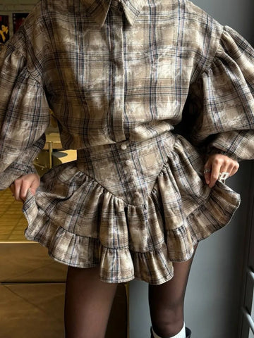 Lantern Sleeve Shirt and Ruffled Skirt Set