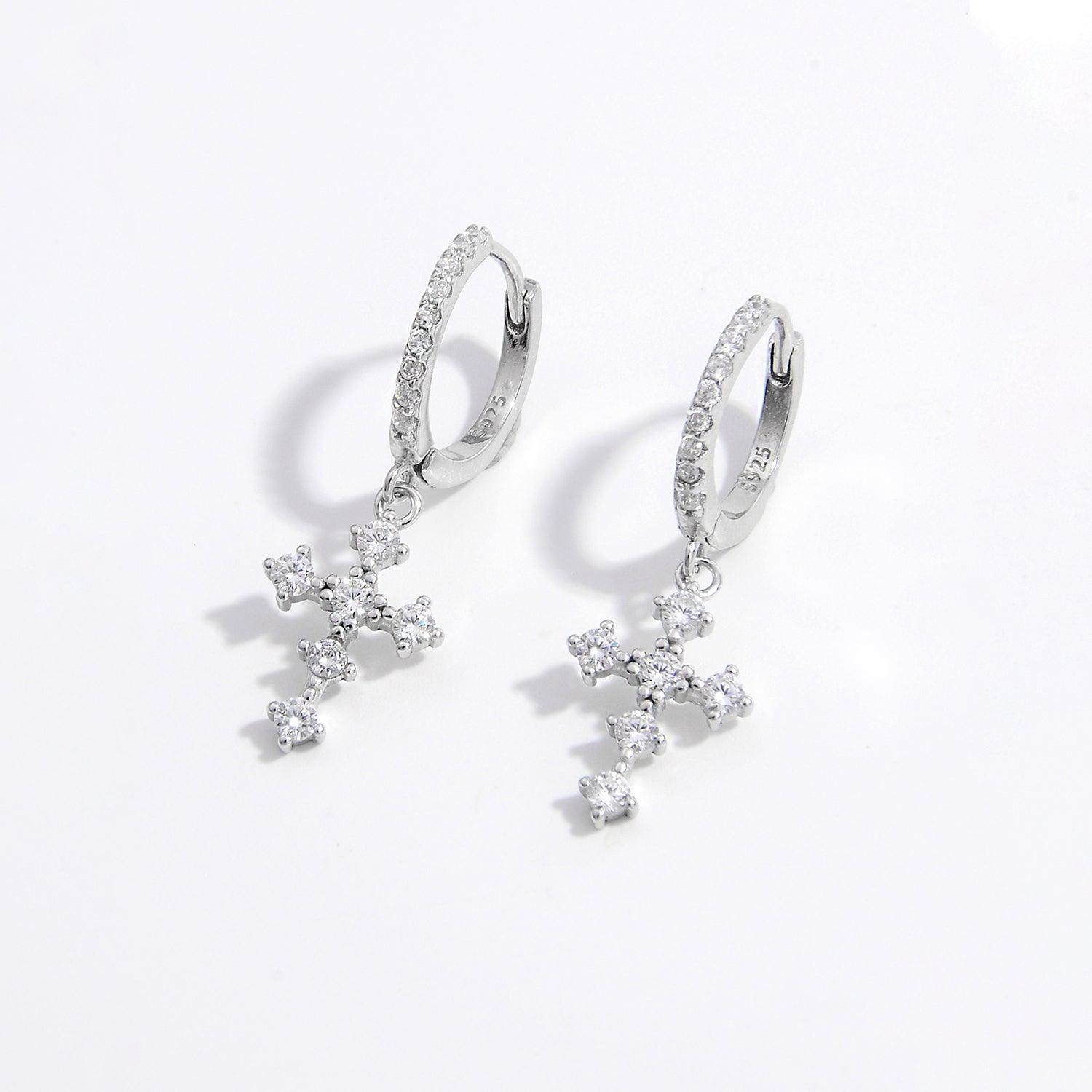 925 Sterling Silver Inlaid Zircon Cross Dangle Earrings