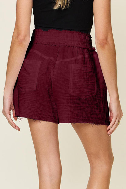 Double Take Full Size Texture Raw Trim Drawstring Shorts