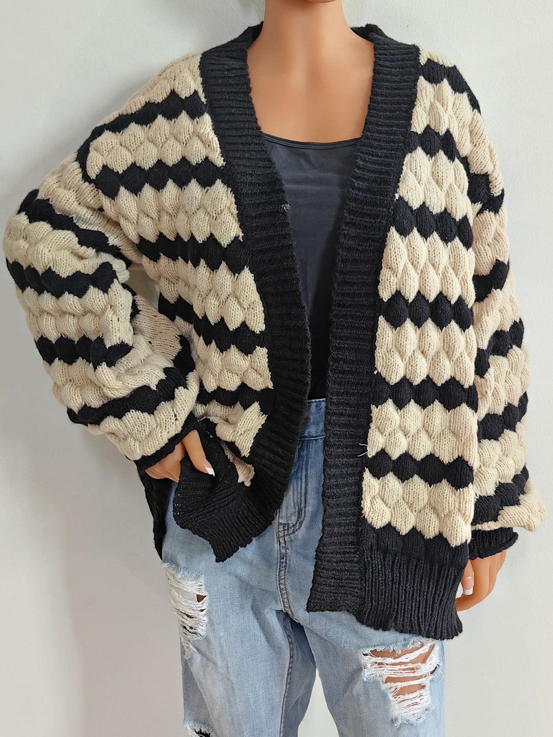 Striped Contrast Open Front Long Sleeve Cardigan