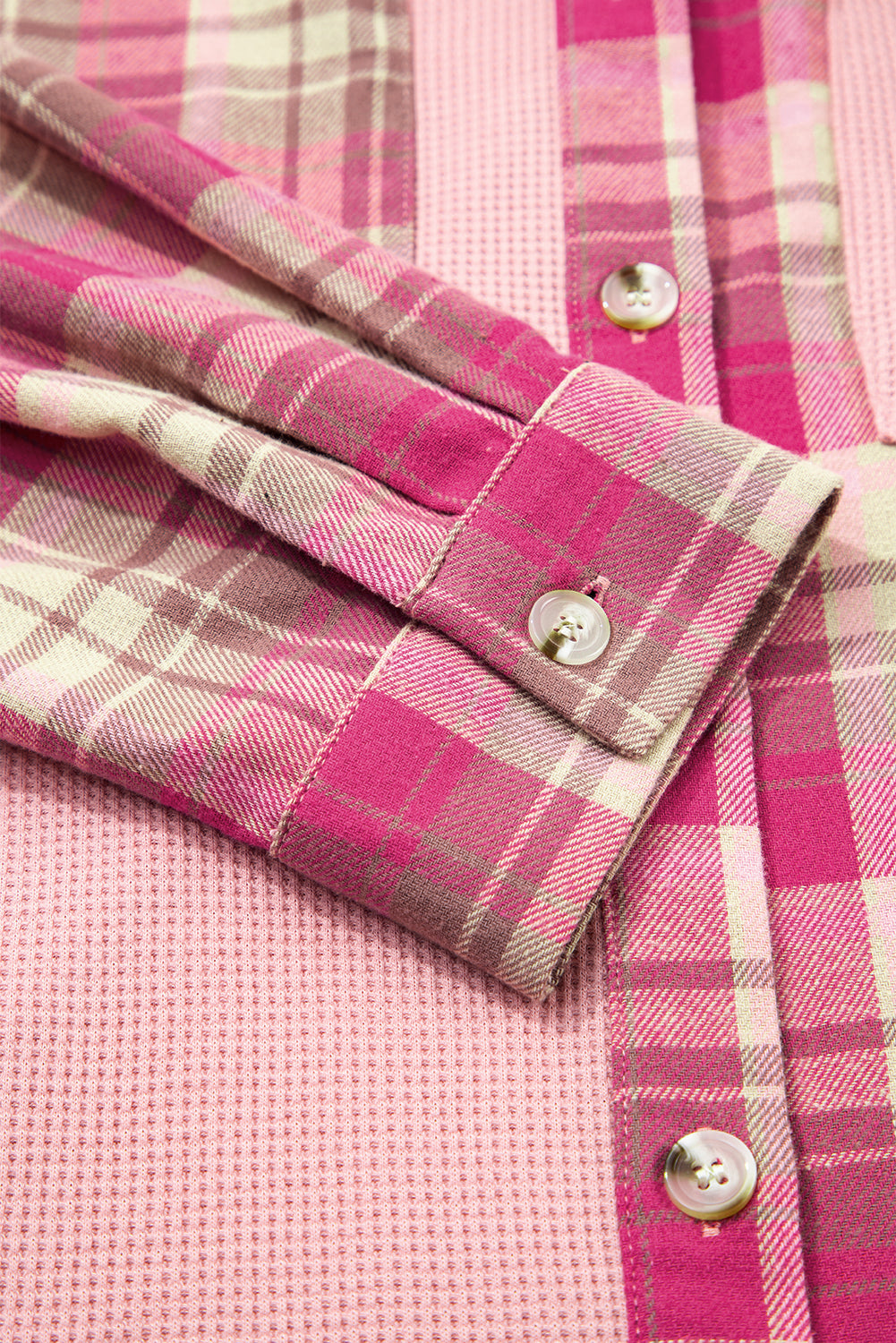 Pink Waffle Patch Pocket Plaid Patchwork Plus Size Shirt