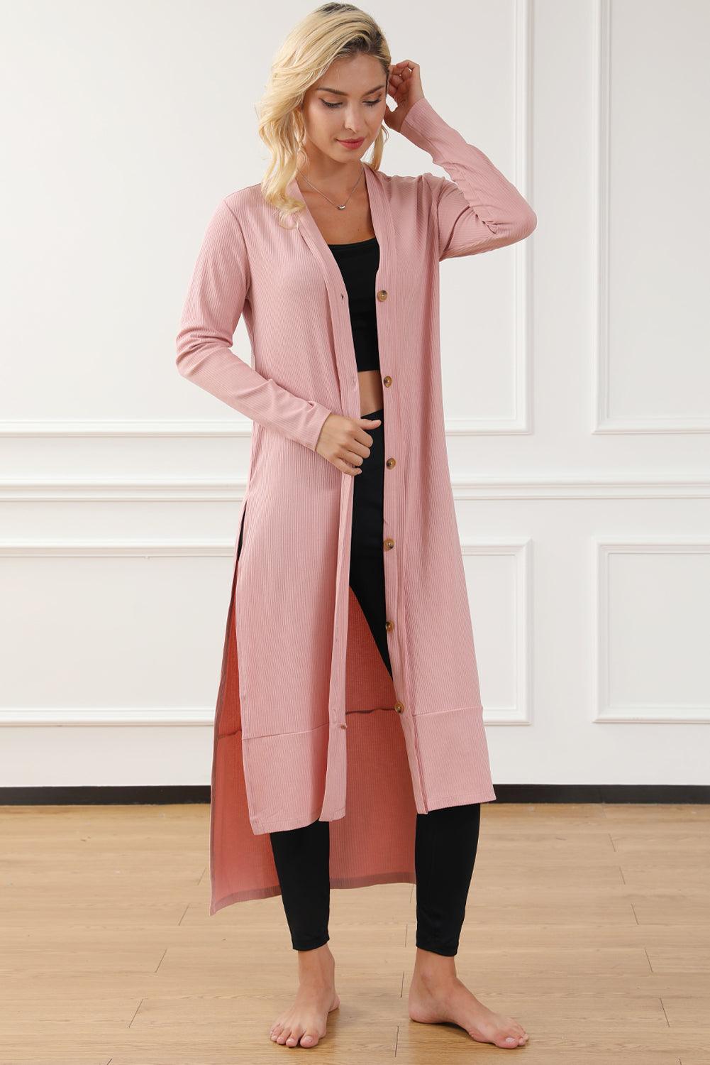 Button Up High-Low Long Sleeve Slit Cardigan