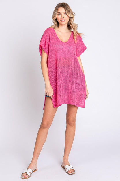 GeeGee Short Sleeve Side Slit Knit Cover Up Dress