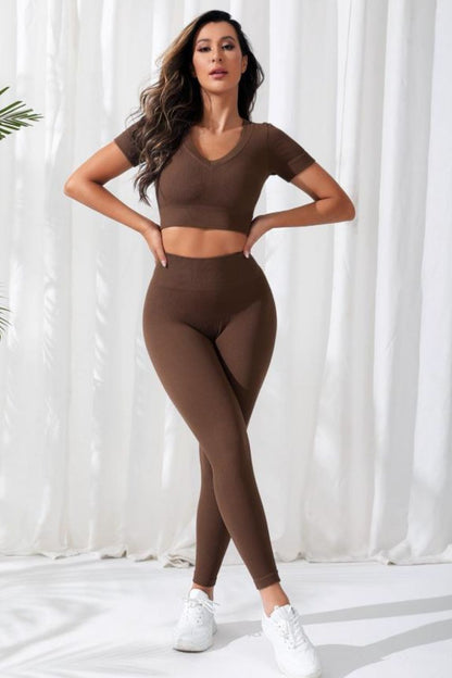 V-Neck Crop Top and High Waistband Long Active Pants Carauana Store
