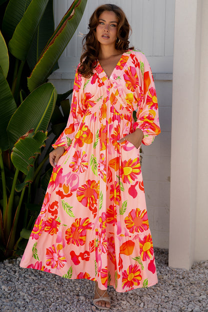 Beige Floral Print Smocked Detail V Neck Puff Sleeve Flowy Maxi Dress