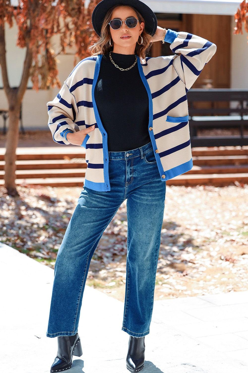 Striped Button Up Long Sleeve Cardigan