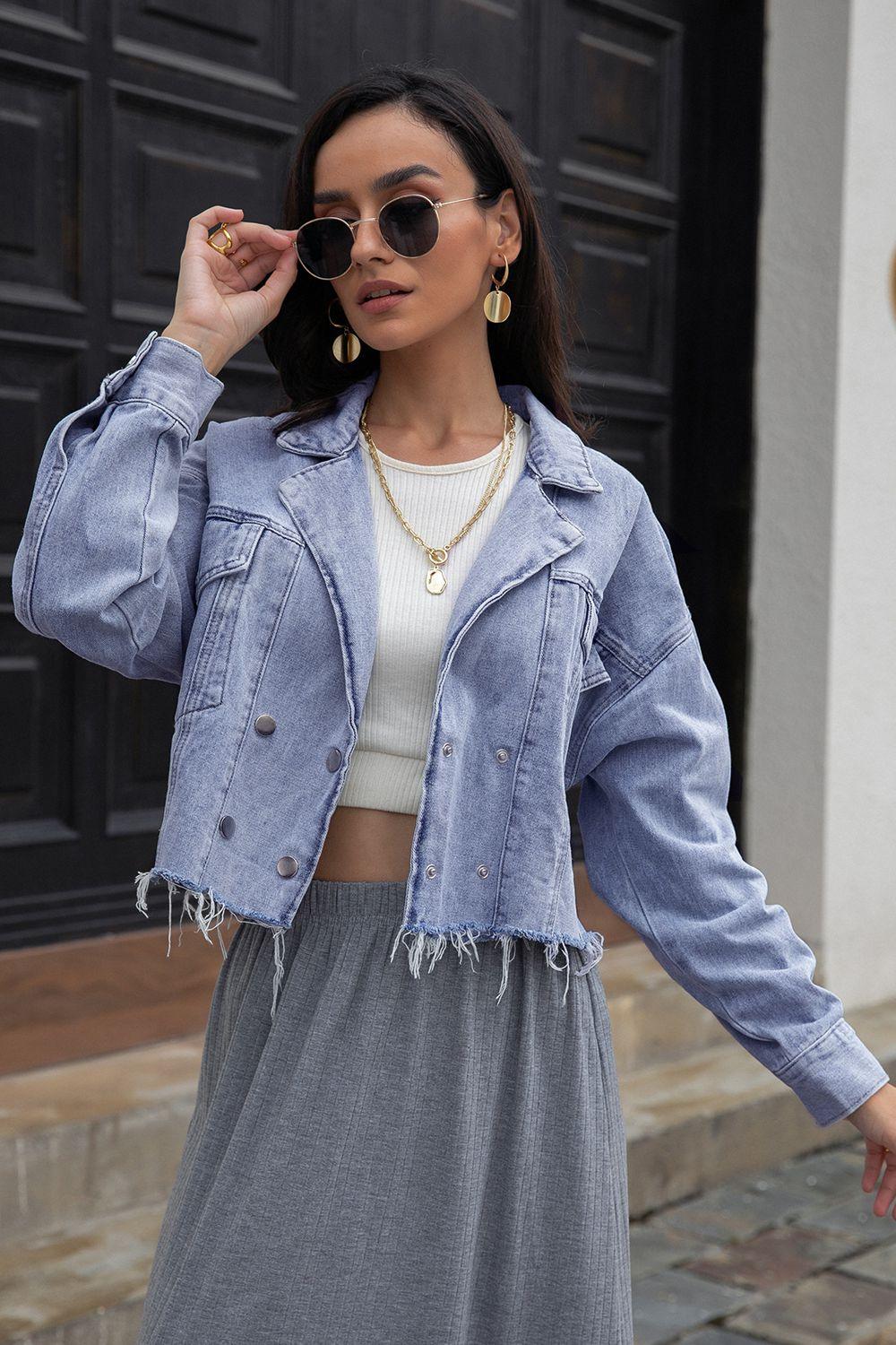 Lapel Collar Long Sleeve Denim Jacket Carauana Store