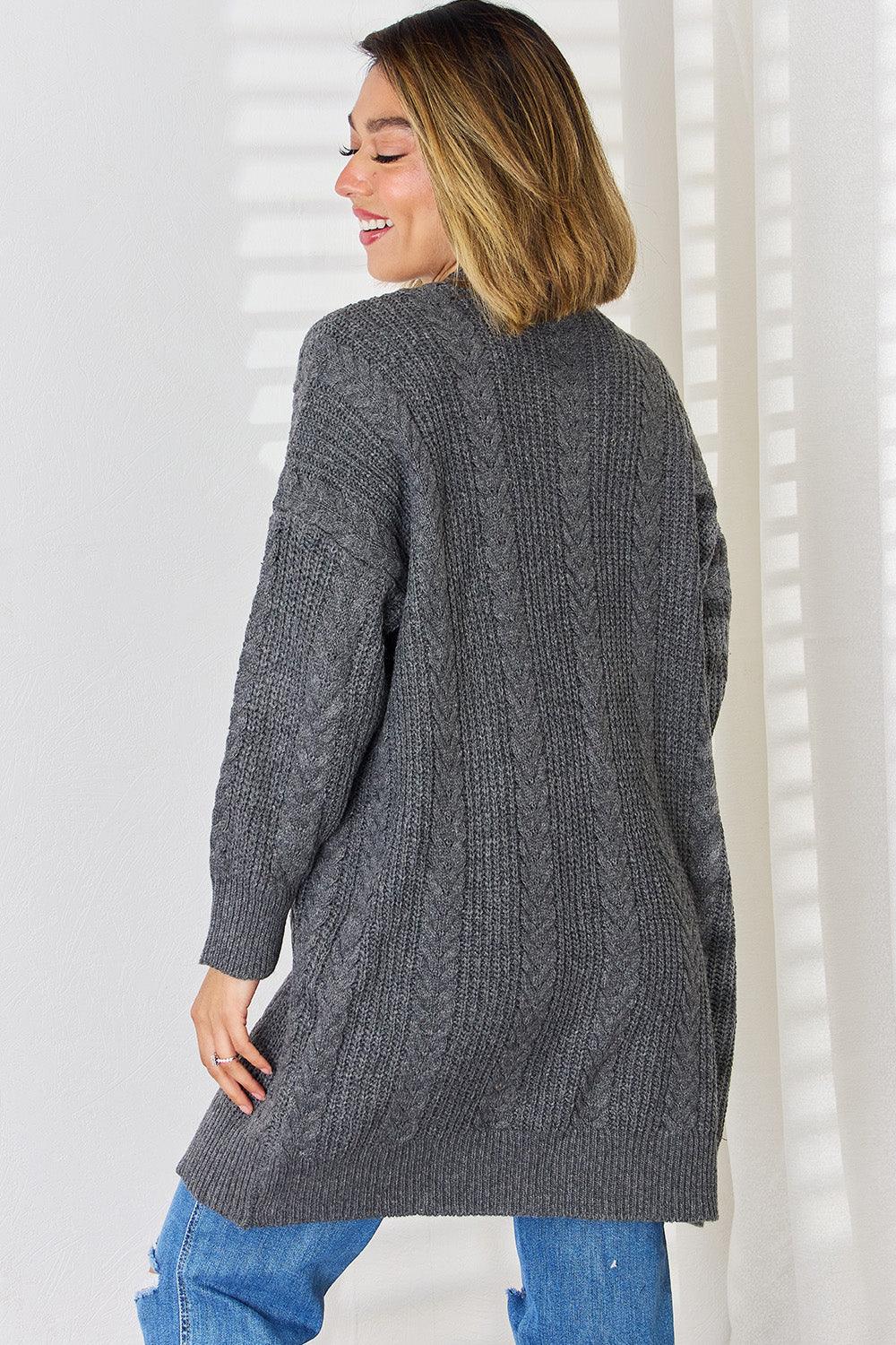 Cable-Knit Open Front Dropped Shoulder Cardigan