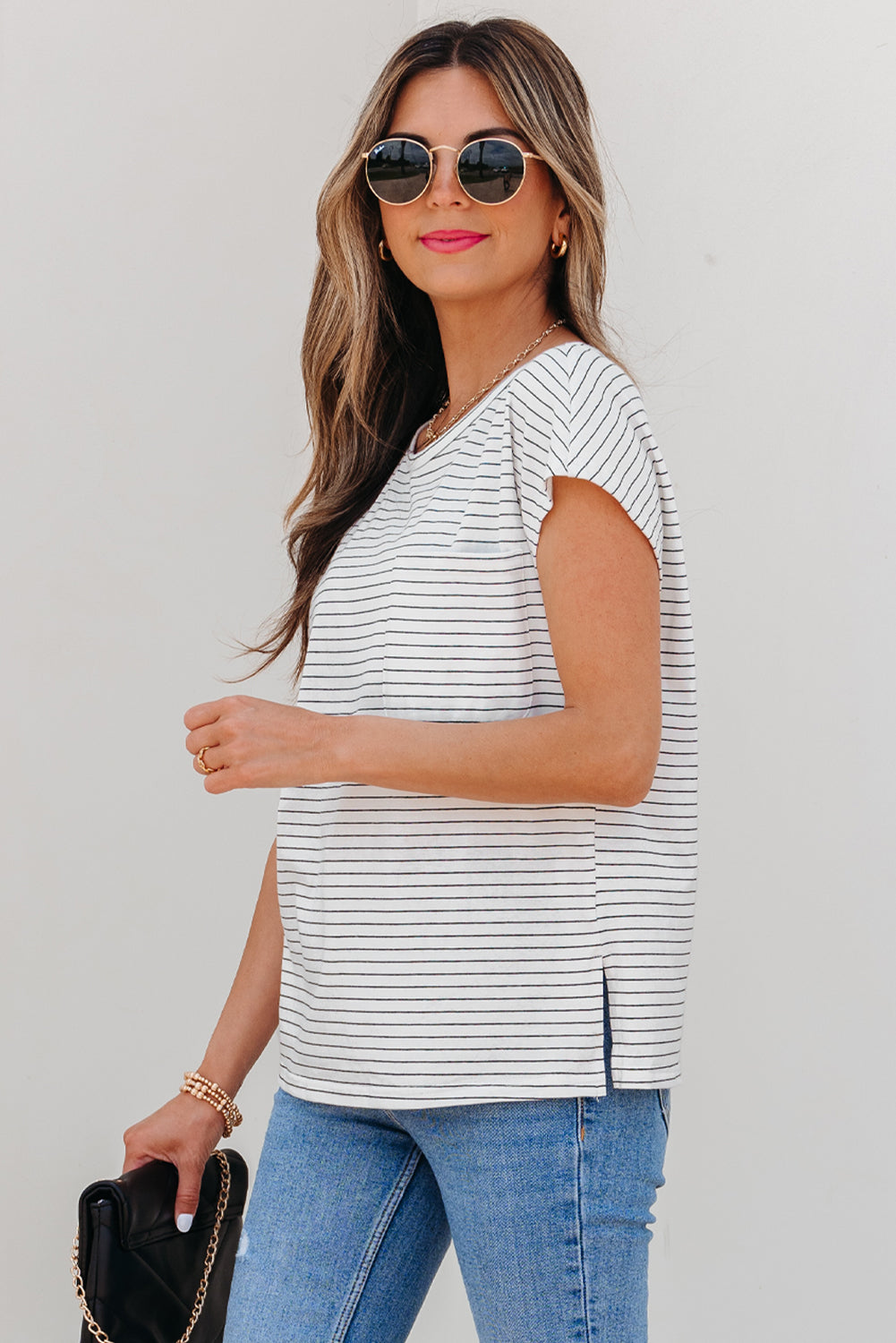 White Stripe Cap Sleeve Crew Neck Casual Tee with Chest Pocket