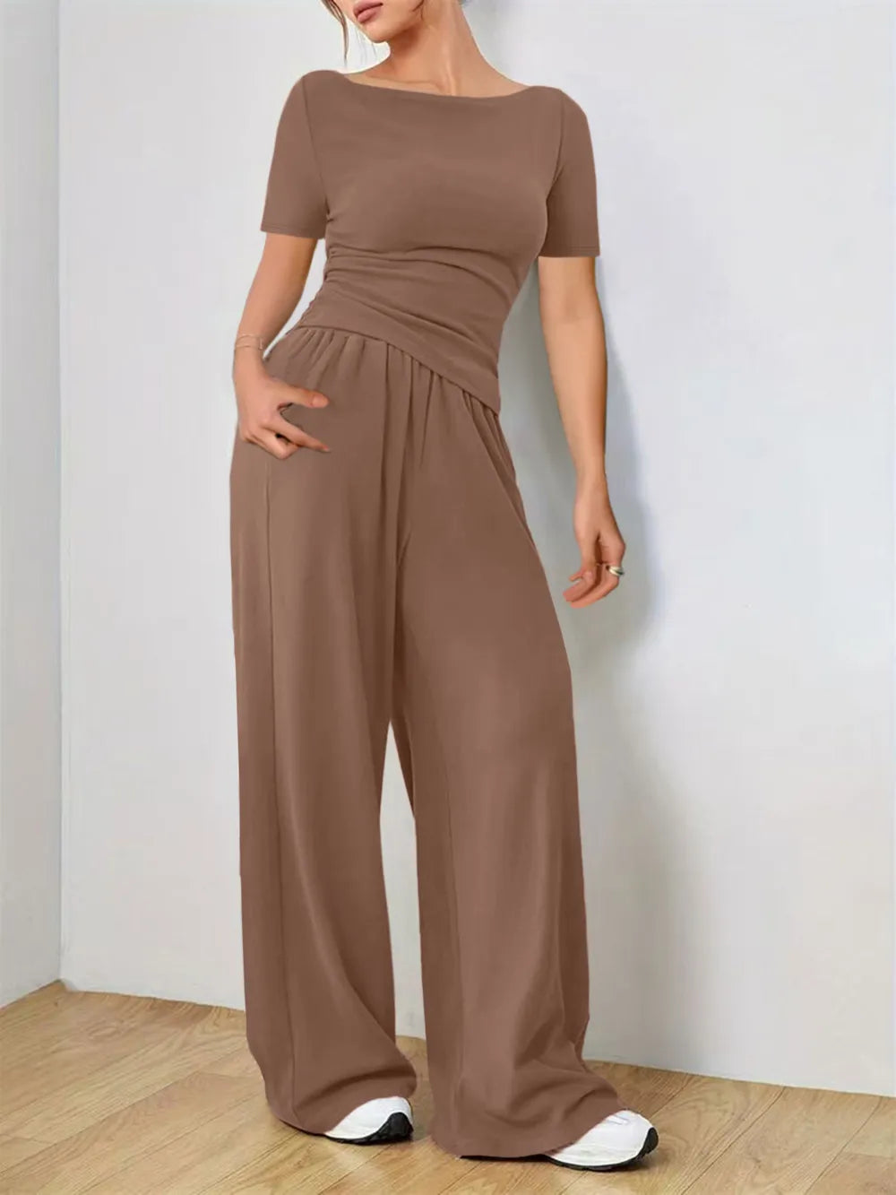 Round Neck Short Sleeve T-Shirt and Pants Set Carauana Store