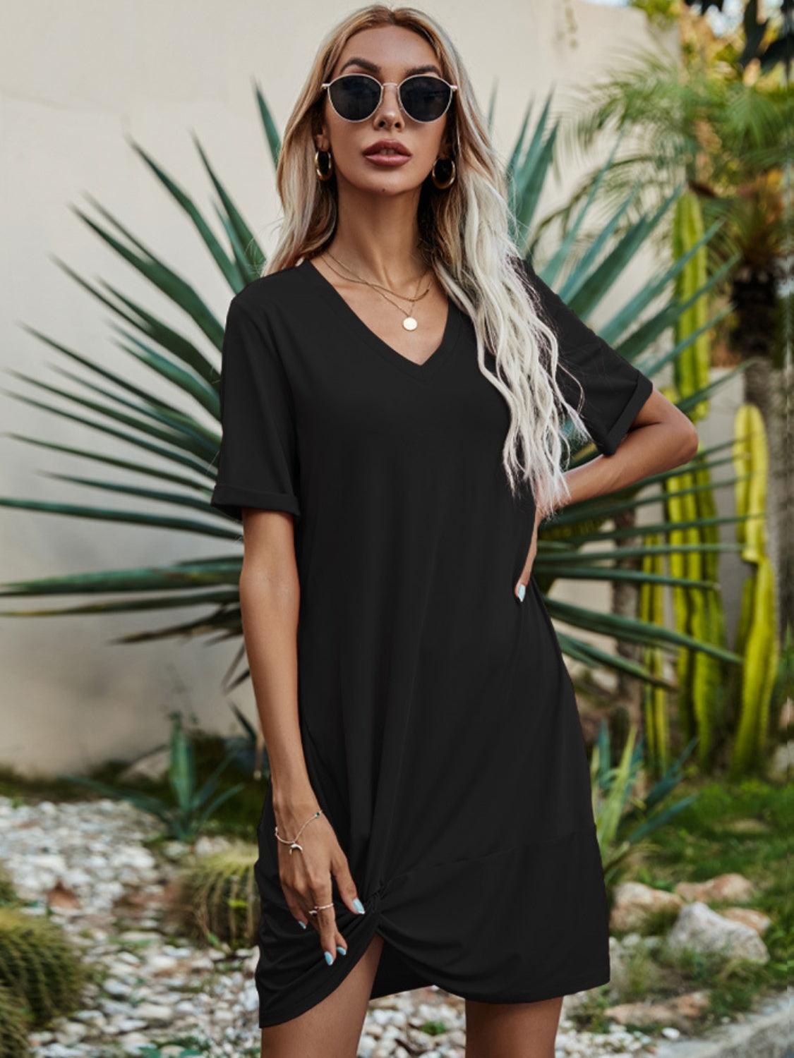 V-Neck Short Sleeve Mini Dress