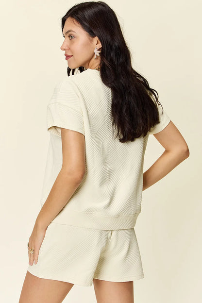 Double Take Full Size Texture Short Sleeve T-Shirt and Drawstring Shorts Set CaRaUaNa Fashion