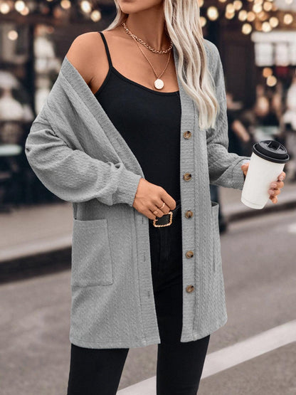 Textured Button Down V-Neck Long Sleeve Cardigan