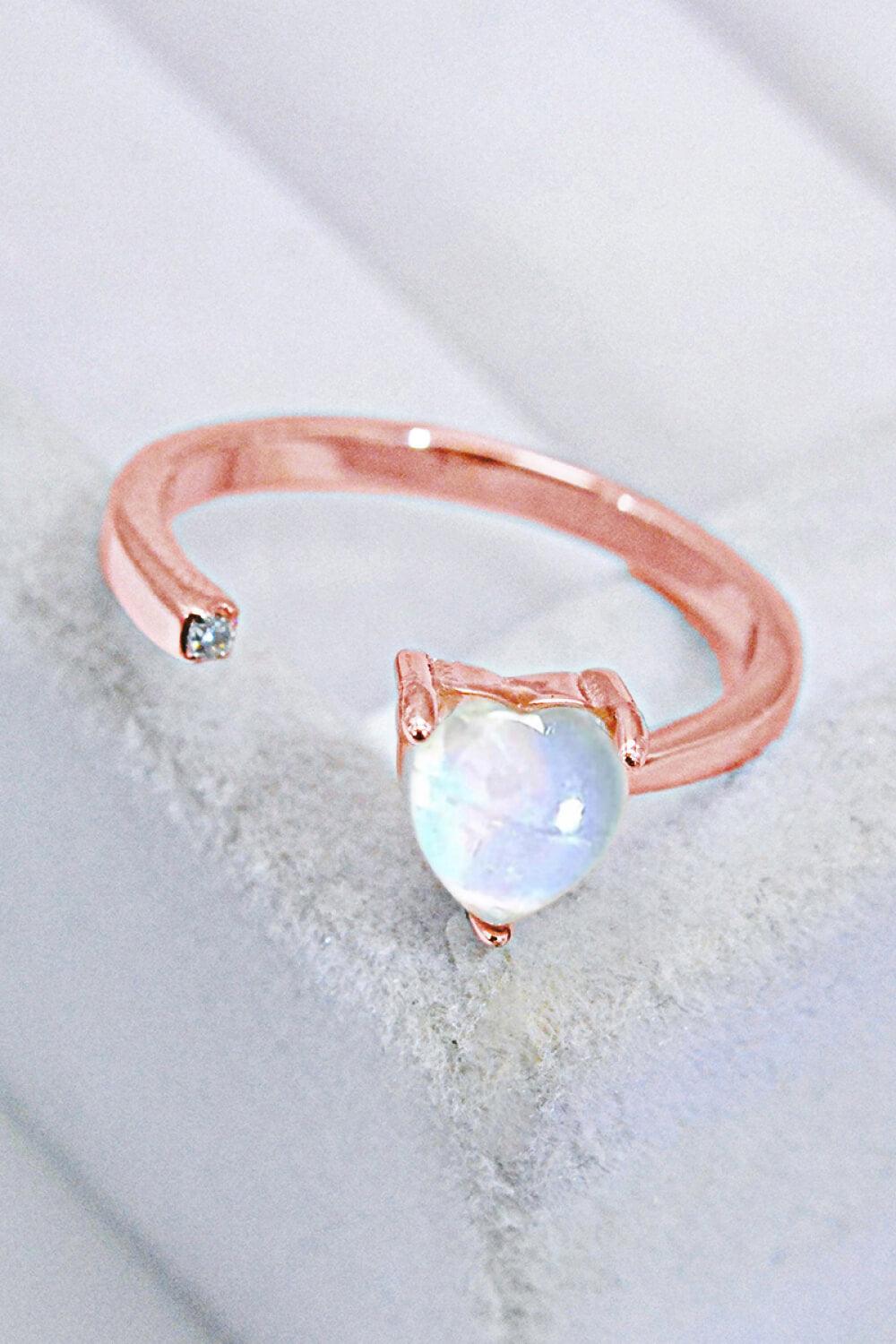 Inlaid Moonstone Heart Adjustable Open Ring