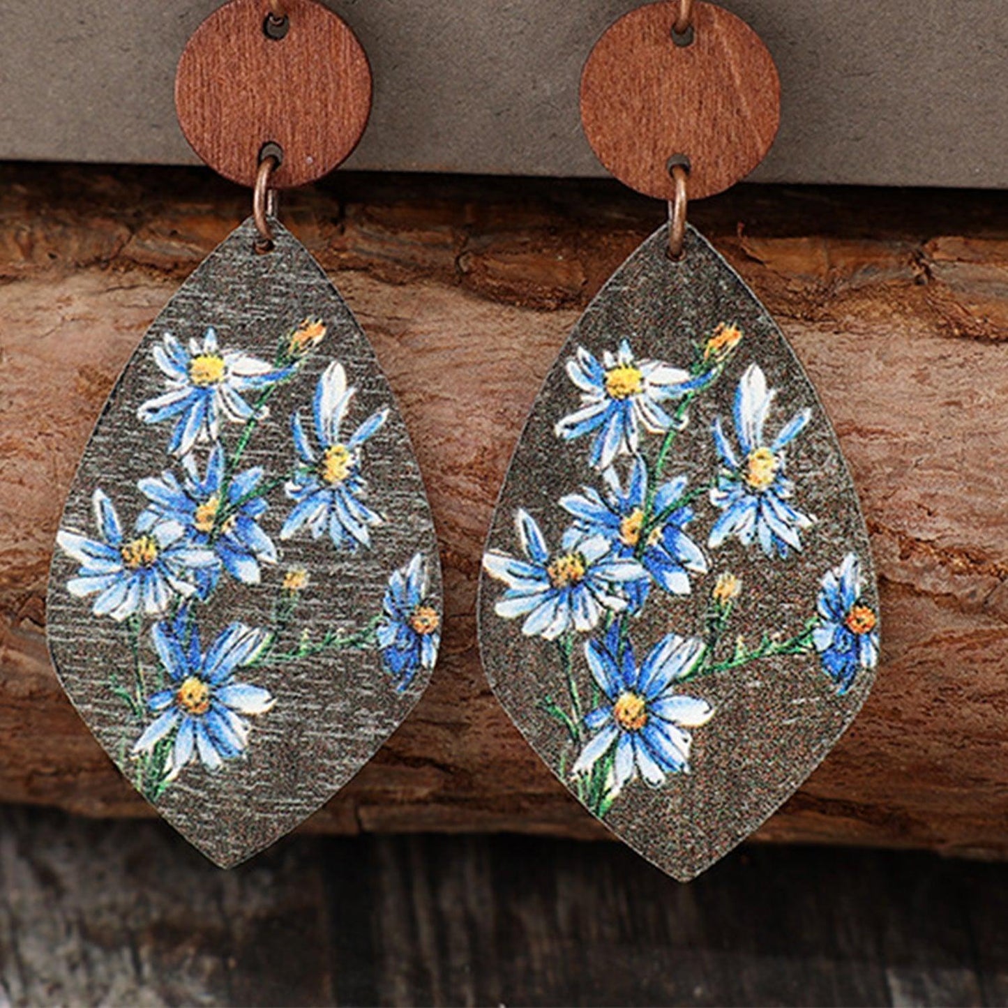 Flower Geometrical Shape Wooden Earrings