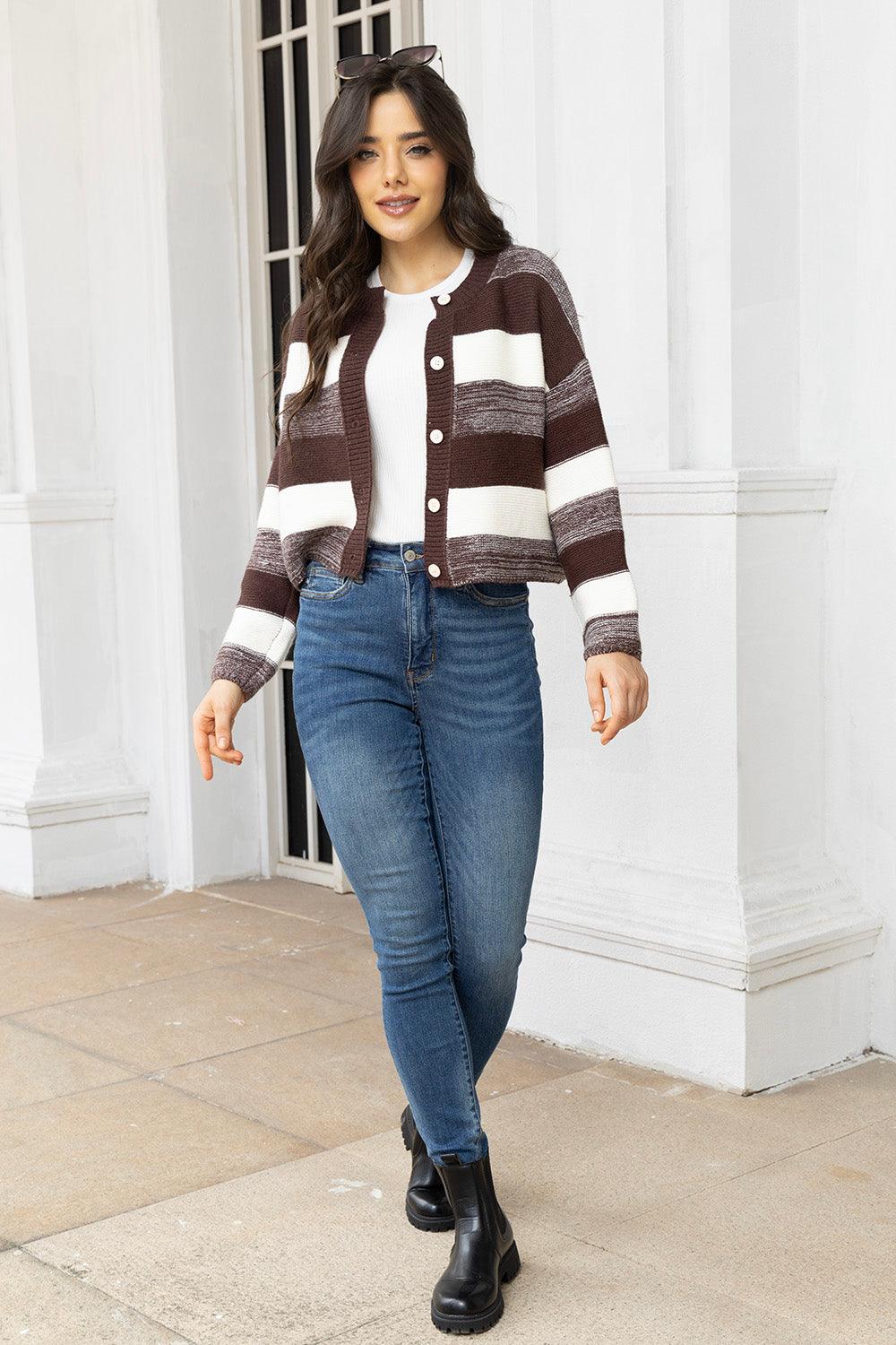 Striped Button Up Long Sleeve Cardigan