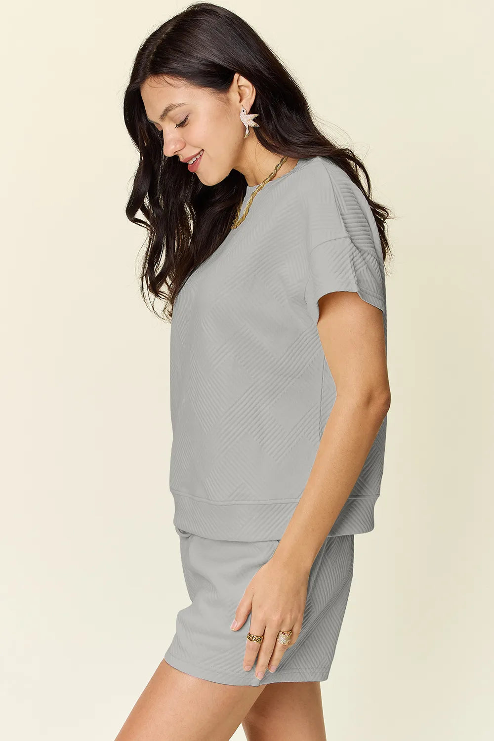 Double Take Full Size Texture Short Sleeve T-Shirt and Drawstring Shorts Set CaRaUaNa Fashion