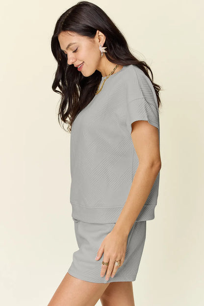 Double Take Full Size Texture Short Sleeve T-Shirt and Drawstring Shorts Set CaRaUaNa Fashion