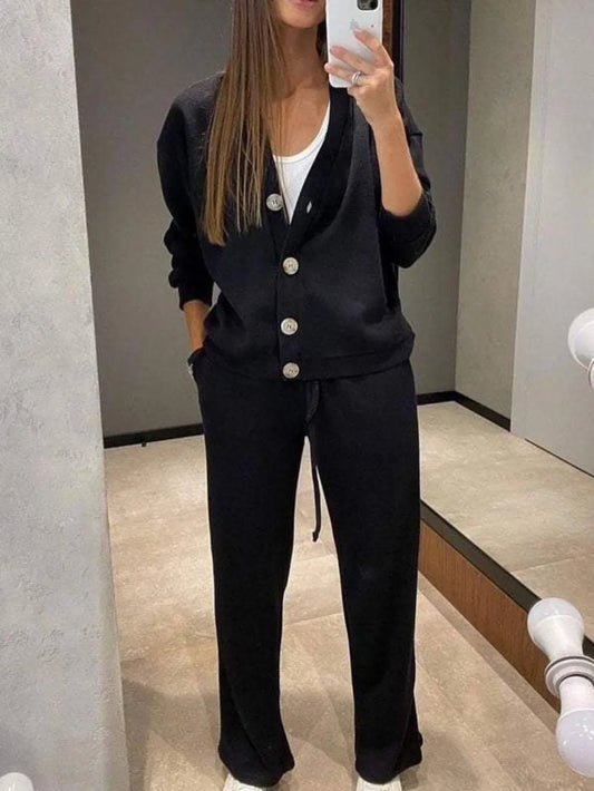 Full Size Button Up Long Sleeve Top and Pants Set Carauana Store