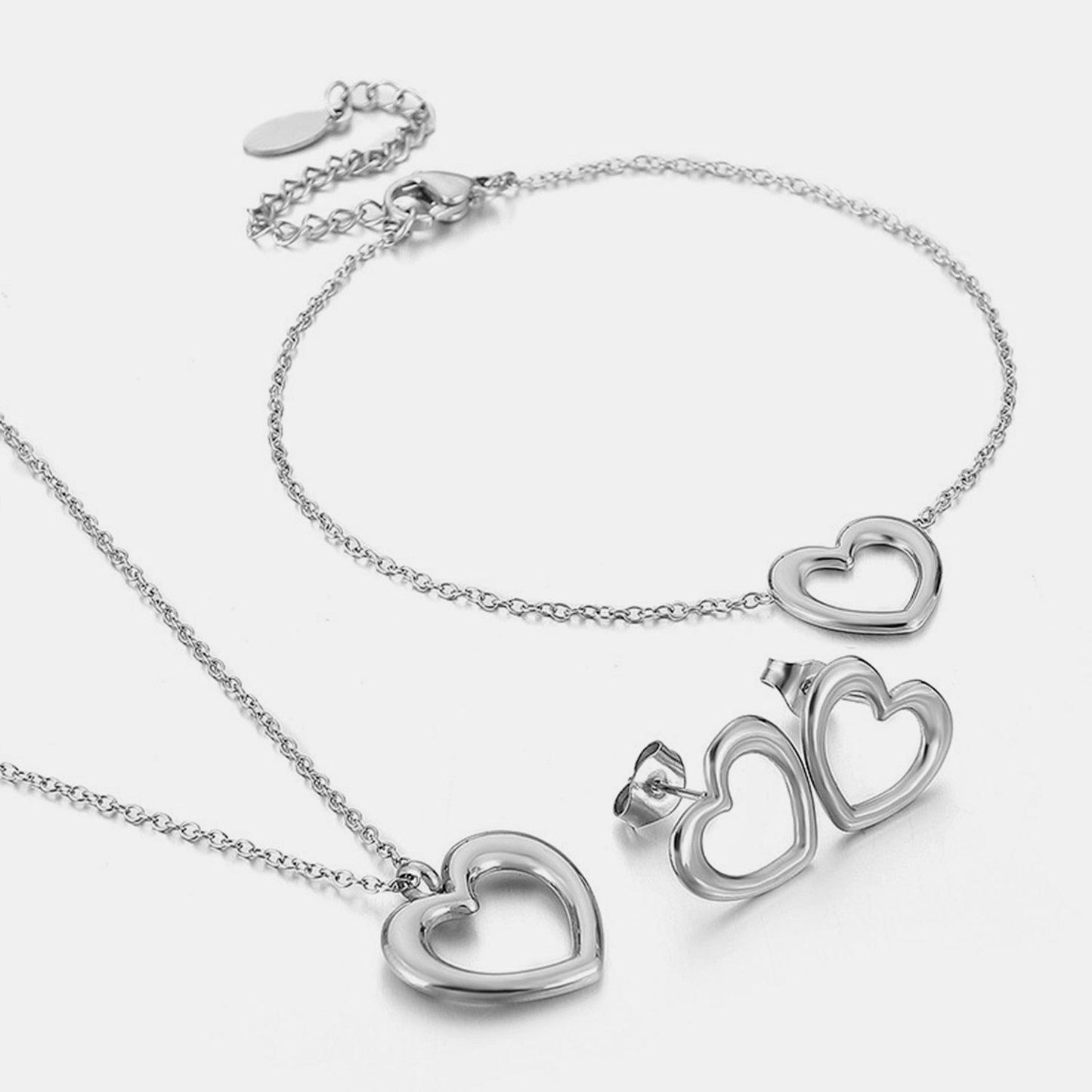 Heart Pendant Necklace, Bracelet and Stud Earrings Jewelry Set