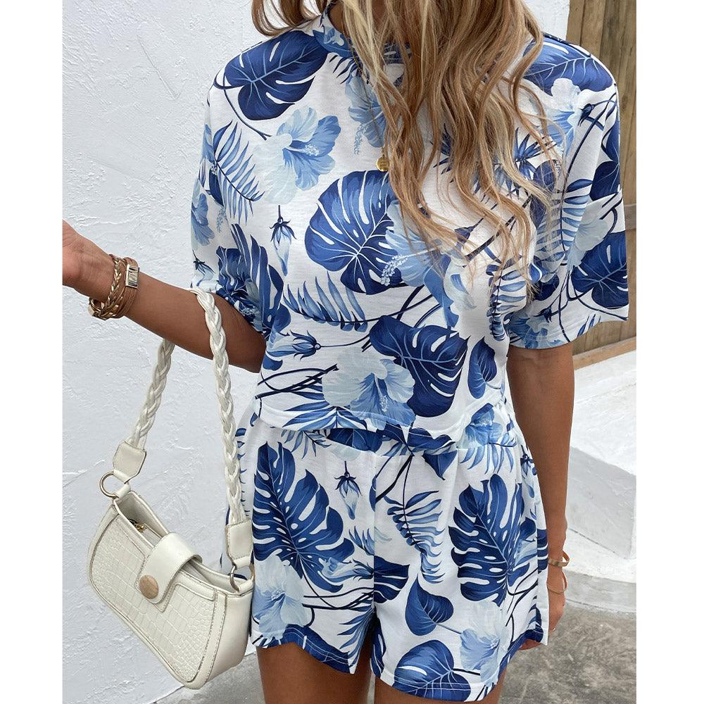 Floral Print Round Neck Dropped Shoulder Top and Shorts Set