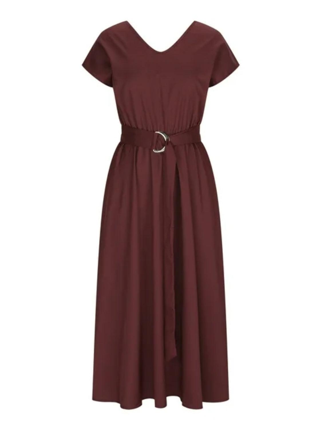 Ruched V-Neck Cap Sleeve Dress