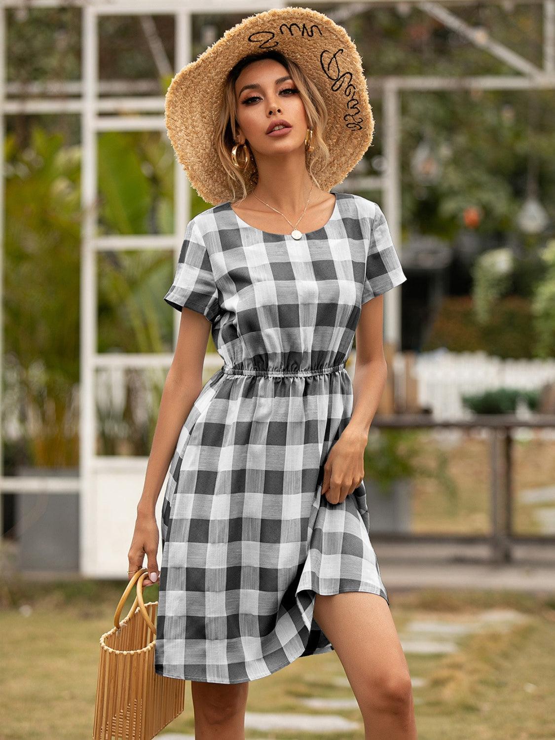 Smocked Plaid Round Neck Short Sleeve Dress