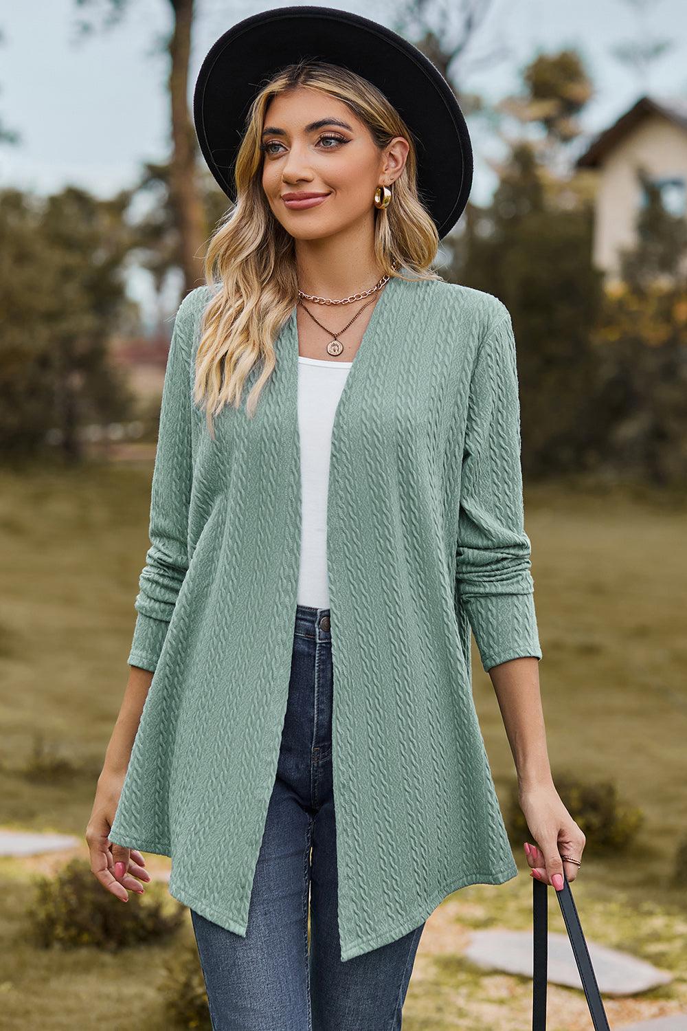 Textured Open Front Long Sleeve Cardigan