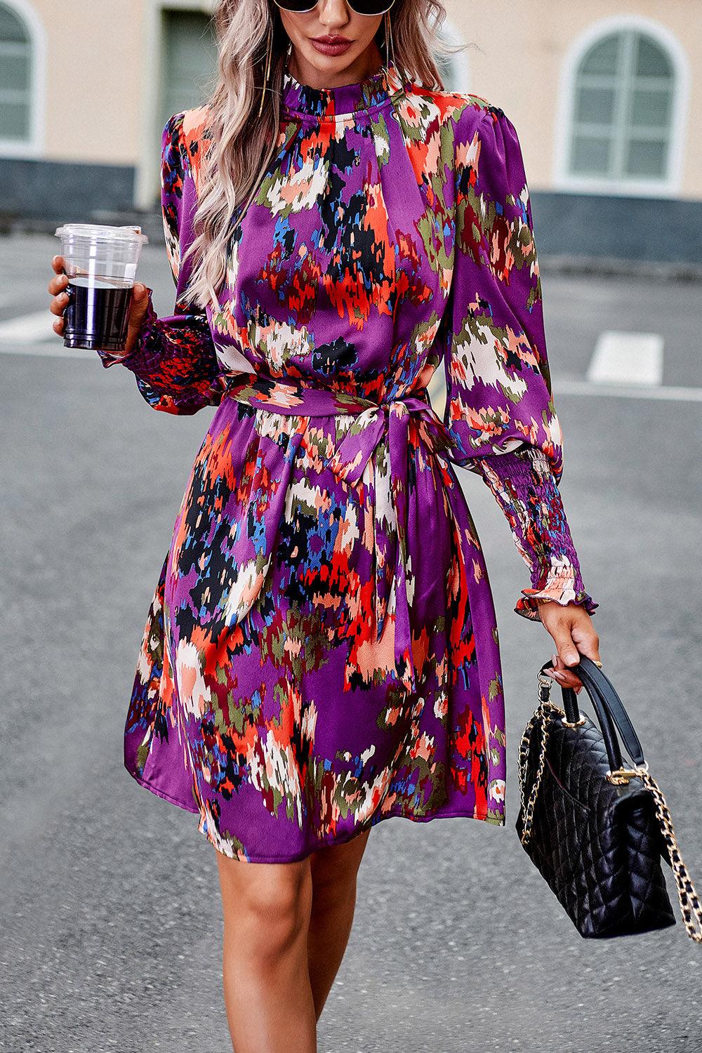 Printed Tie Waist Mock Neck Lantern Sleeve Dress