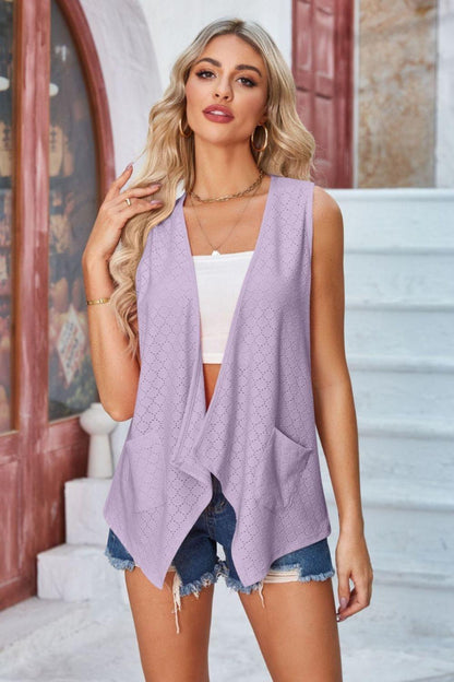 Eyelet Open Front Sleeveless Cardigan