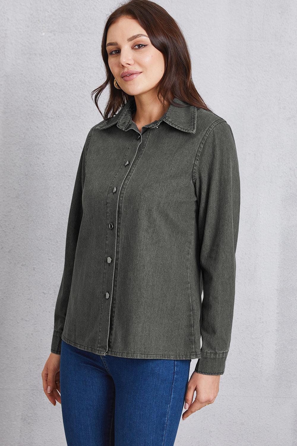 Collared Neck Button Up Denim Top Carauana Store
