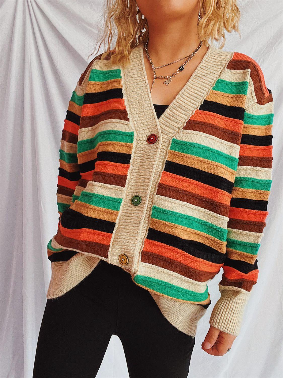 Contrast Stripes Button Up Long Sleeve Cardigan