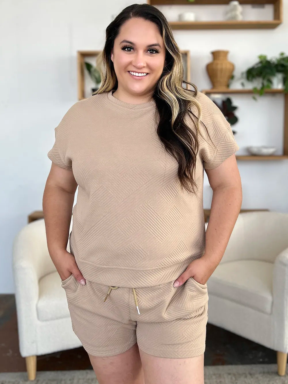 Double Take Full Size Texture Short Sleeve T-Shirt and Drawstring Shorts Set CaRaUaNa Fashion