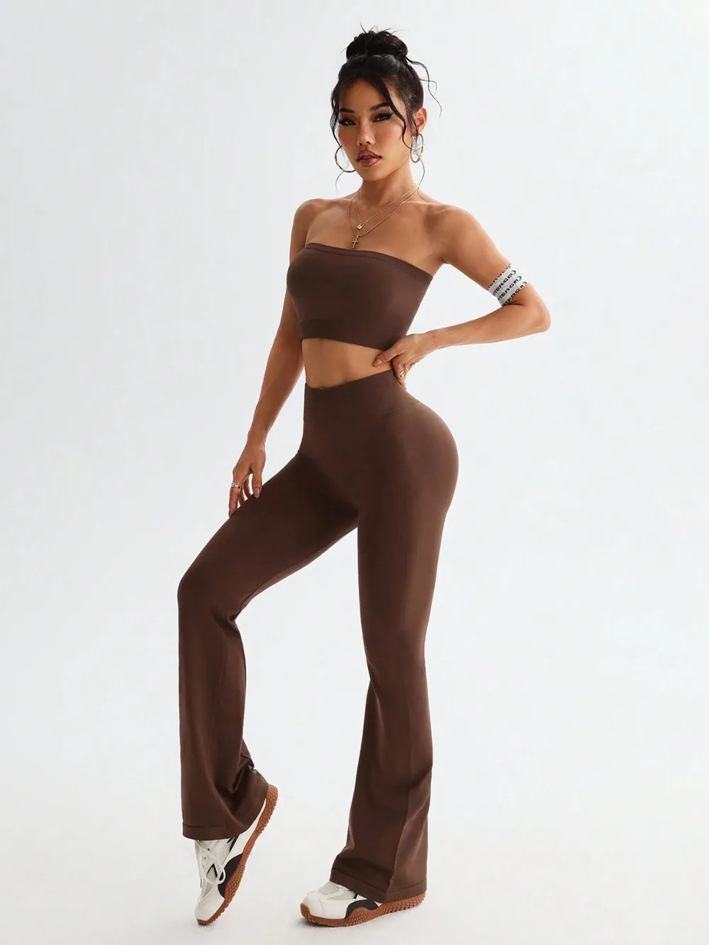 Tube Top and High Waist Flare Pants Active Set Carauana Store