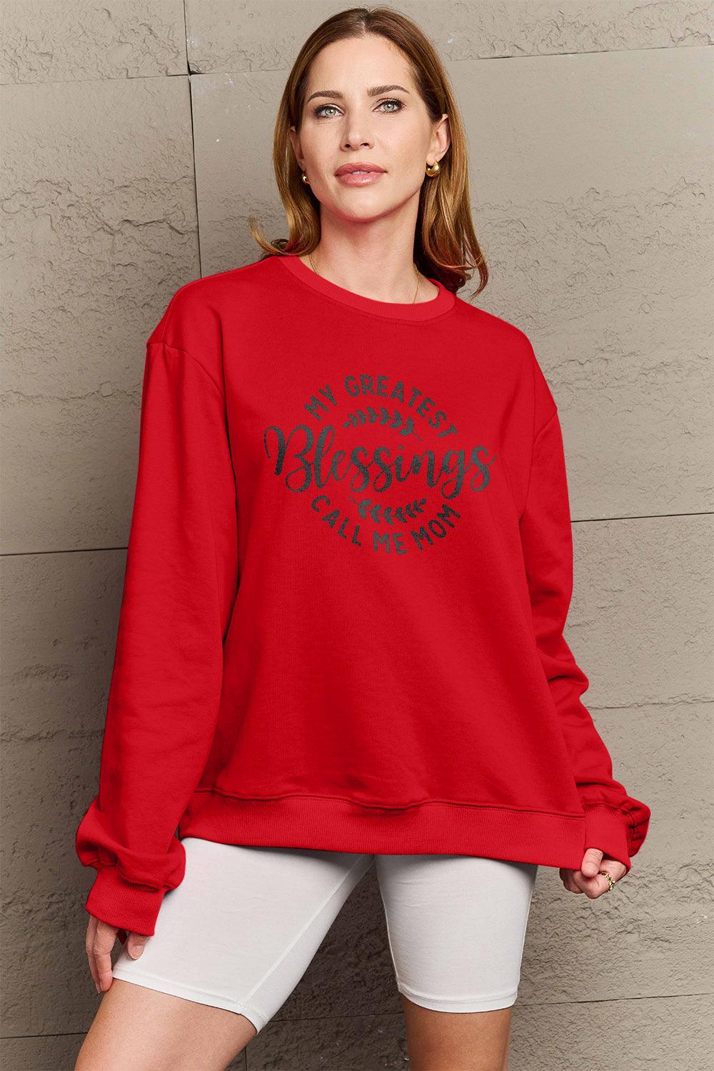 Simply Love Full Size MY GREATEST BLESSINGS CALL ME MOM Round Neck Sweatshirt