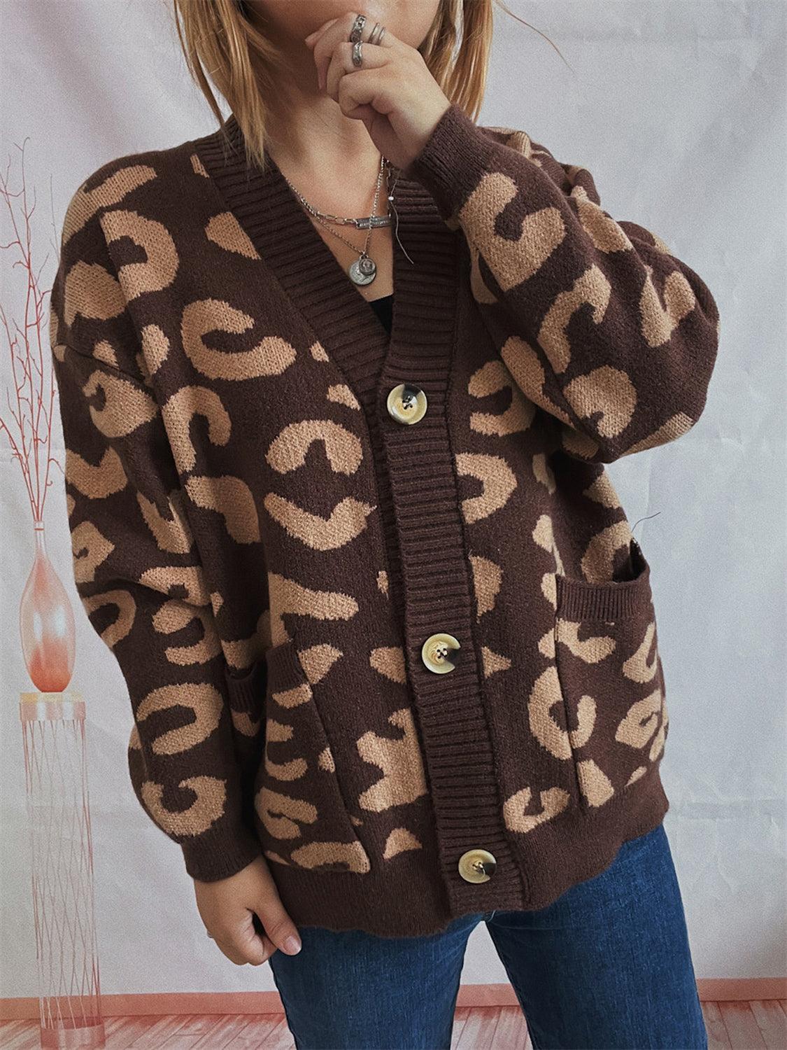 Leopard Button Front Cardigan with Pockets